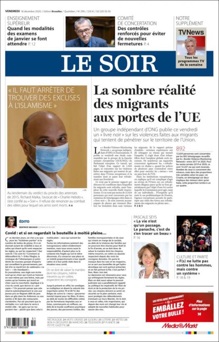 Portada de Le Soir (Bélgica)