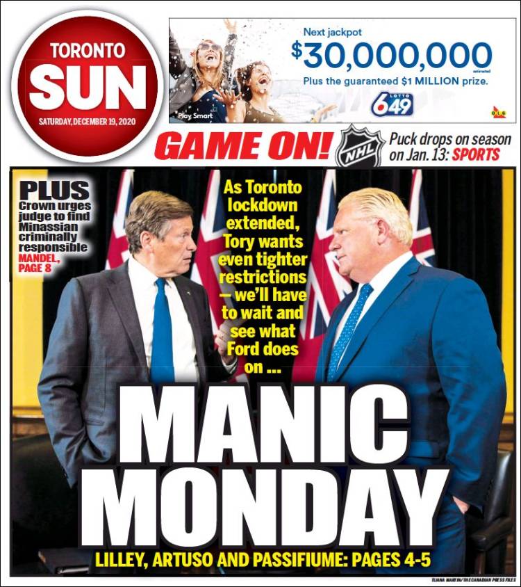 Portada de The Toronto Sun (Canadá)