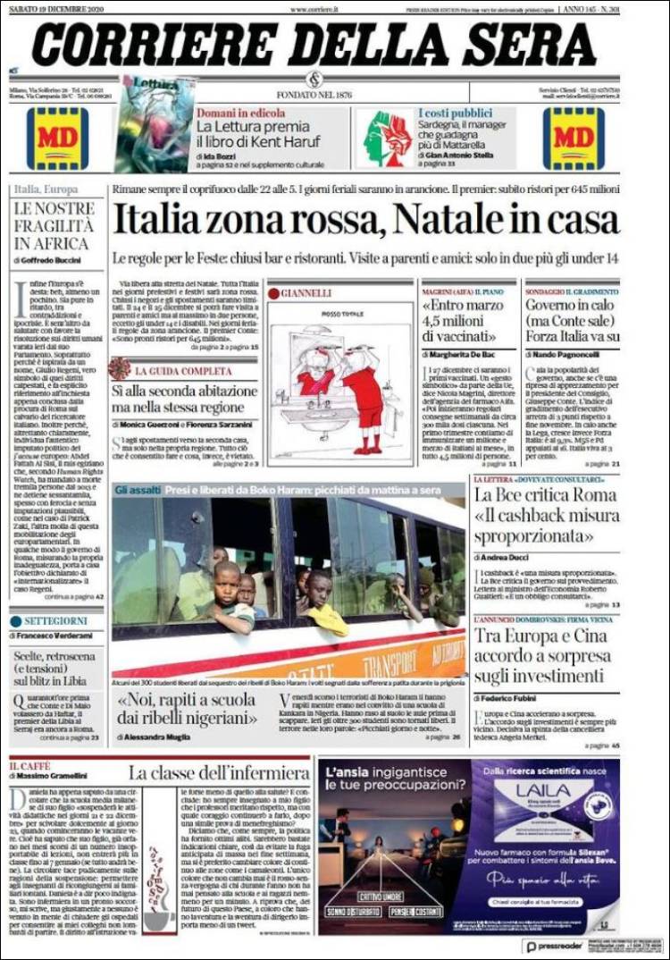 Portada de Corriere della Sera (Italia)