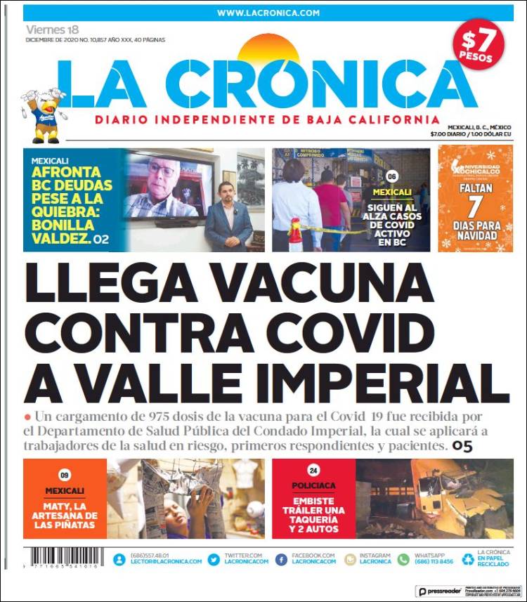 Portada de La Crónica de Baja California (México)