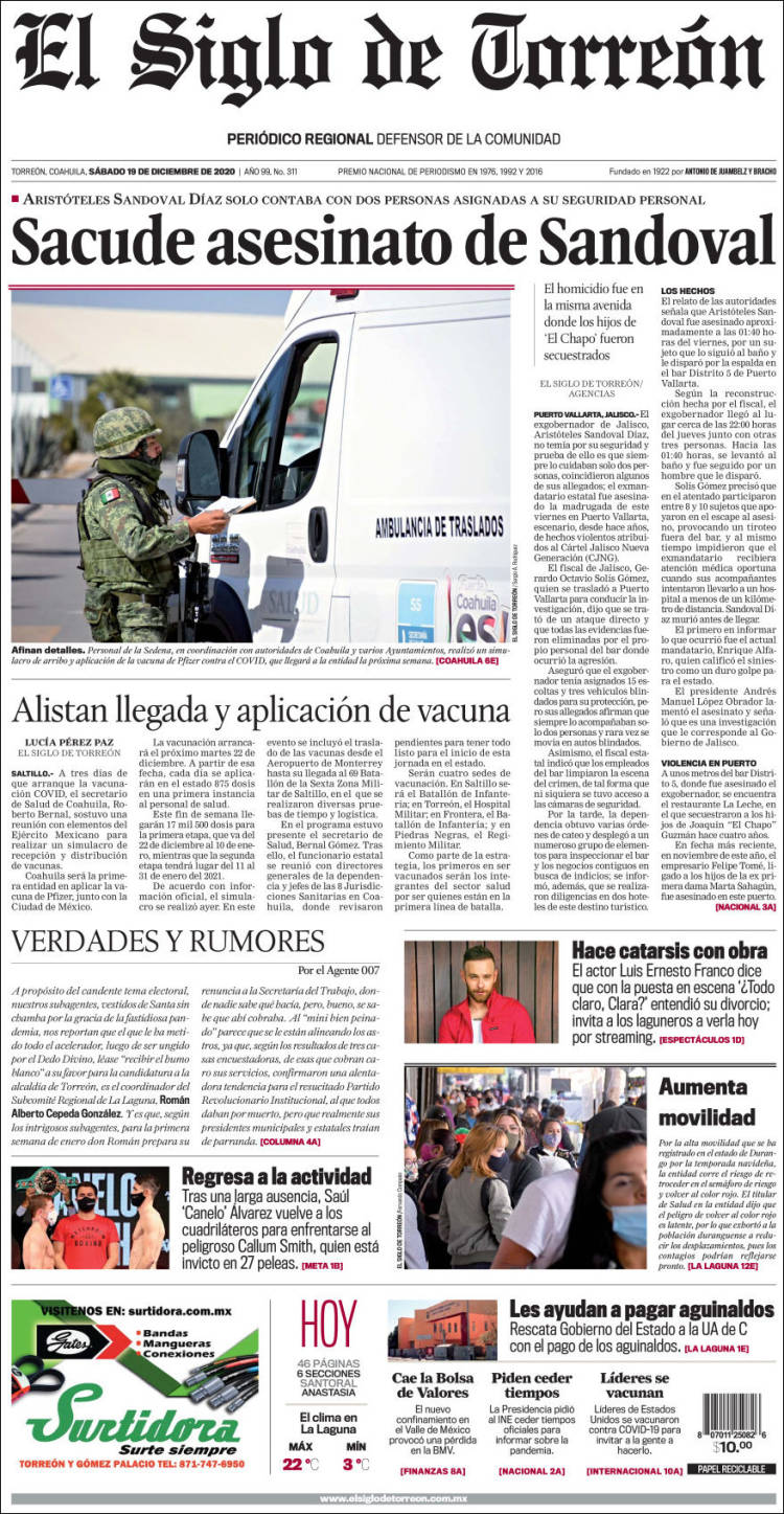 Portada de El Siglo de Torreon (México)