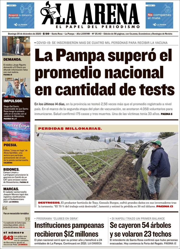 Portada de Diario La Arena (Argentina)