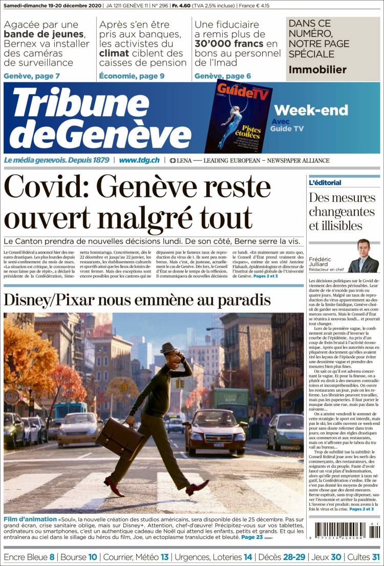 Portada de La Tribune de Genève (Suiza)