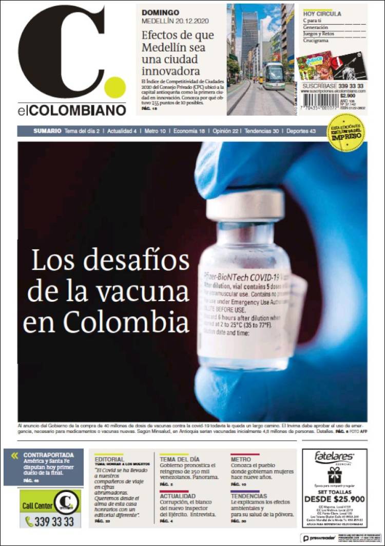 Portada de El Colombiano (Colombia)