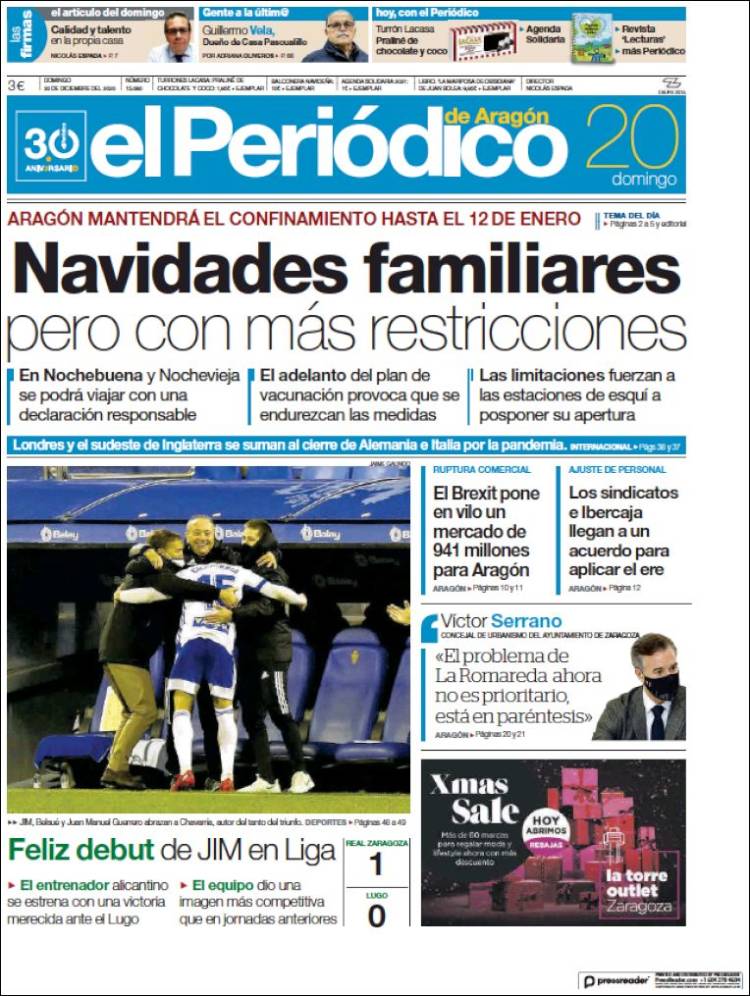 Portada de El Periódico de Aragón (España)