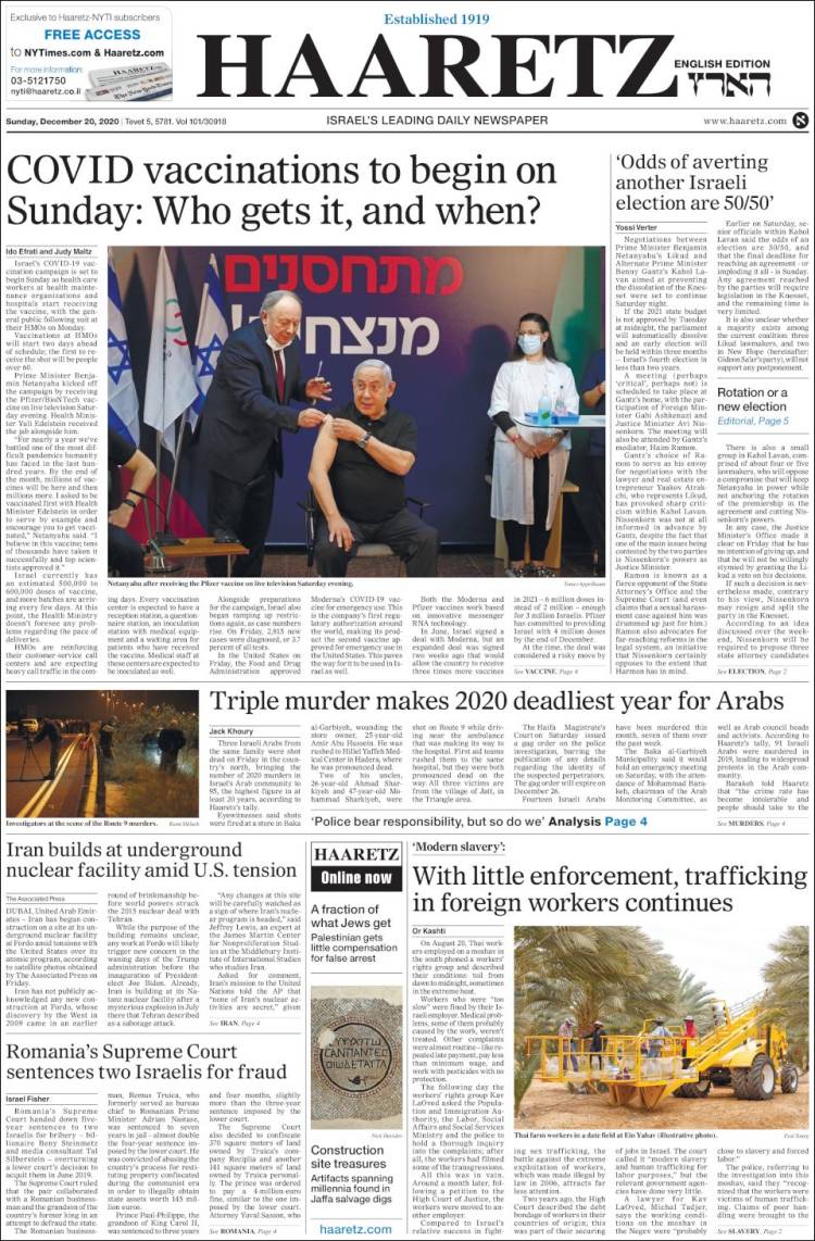 Portada de Haaretz (Israel)