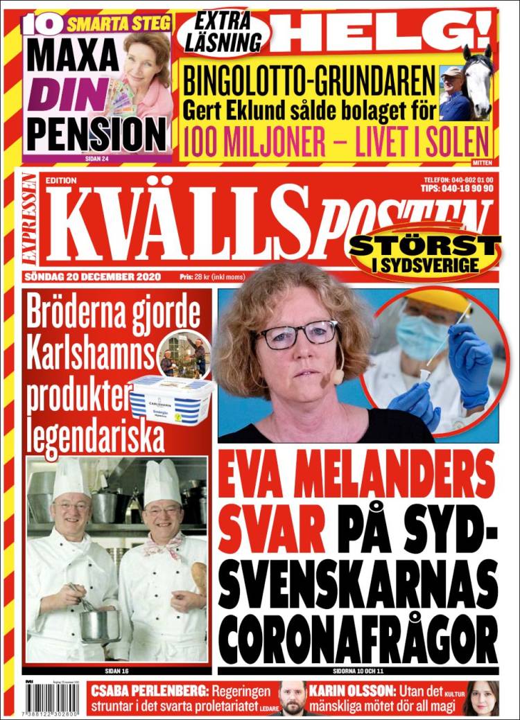 Portada de Kvällsposten (Suecia)