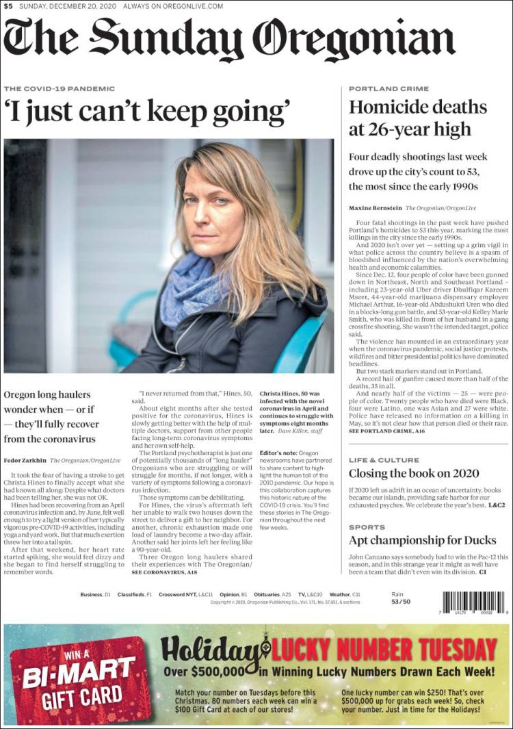 Portada de The Oregonian (USA)