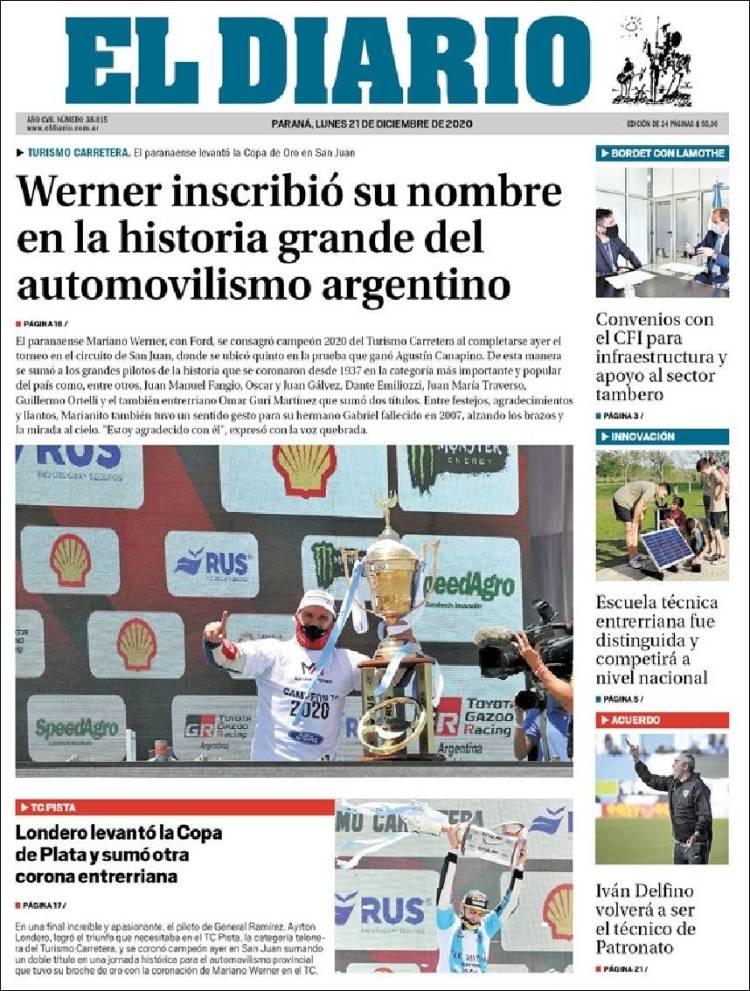 Portada de El Diario de Paraná (Argentina)