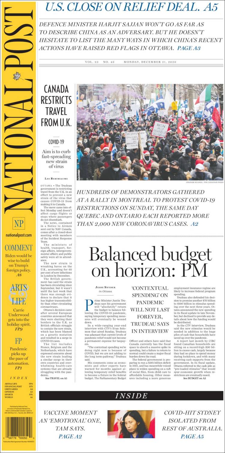 Portada de The National Post (Canadá)