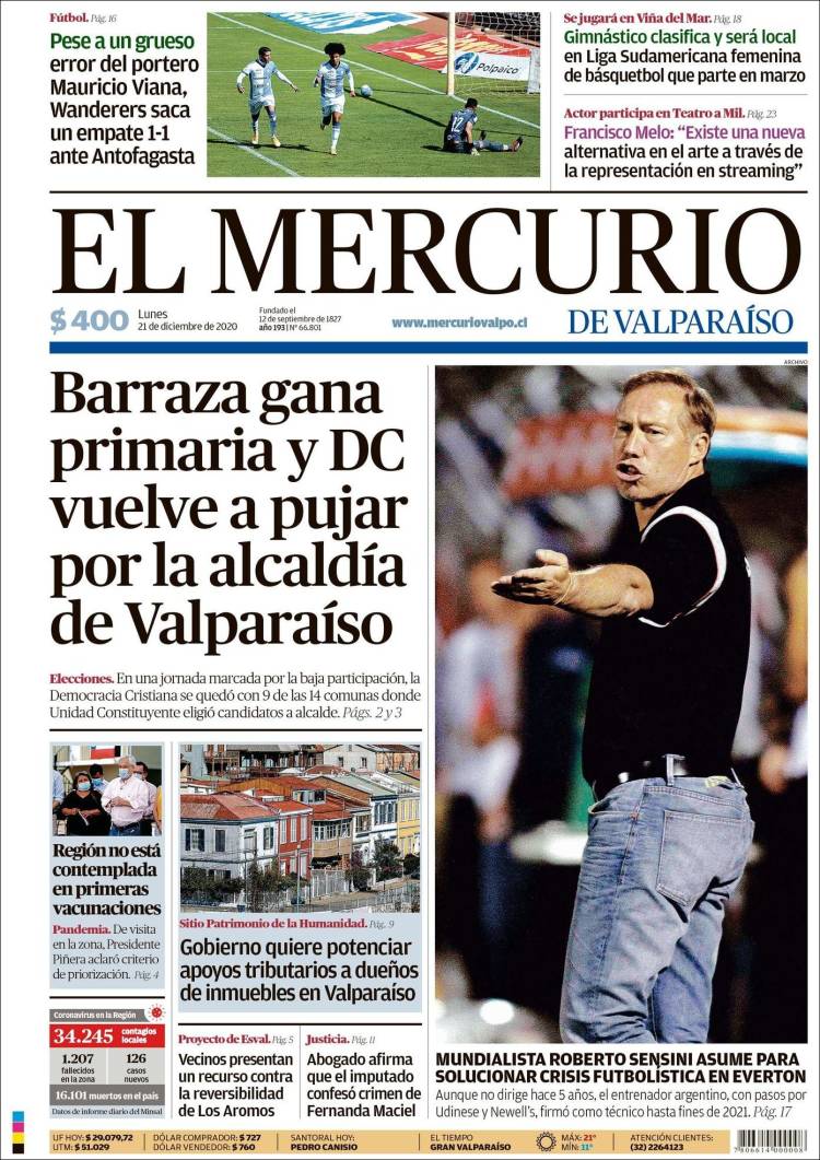 Portada de Mercurio de Valparaiso (Chile)