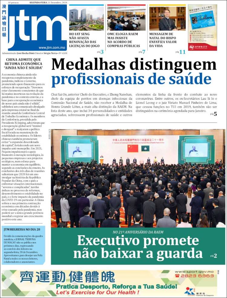 Portada de Jornal Tribuna de Macau (China)