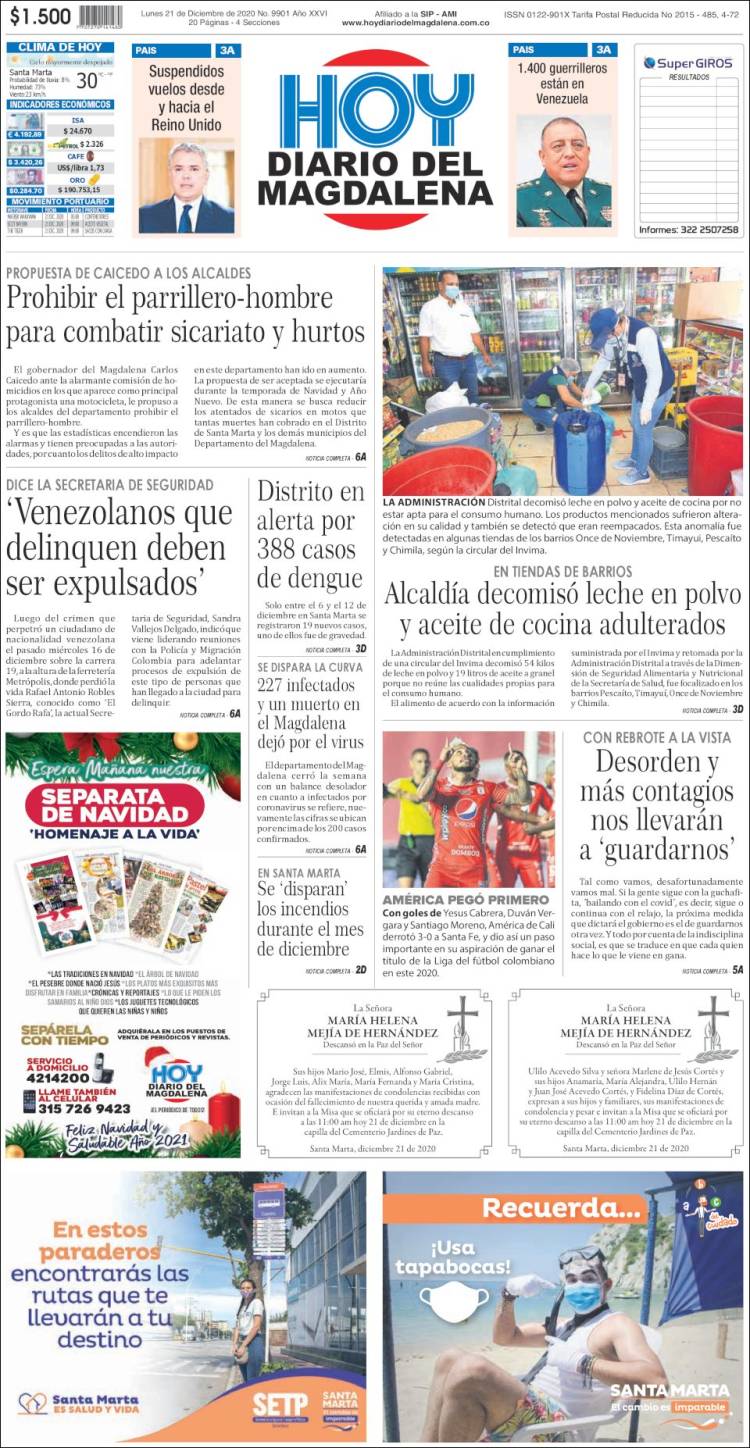 Portada de Hoy Diario del Magdalena (Colombia)