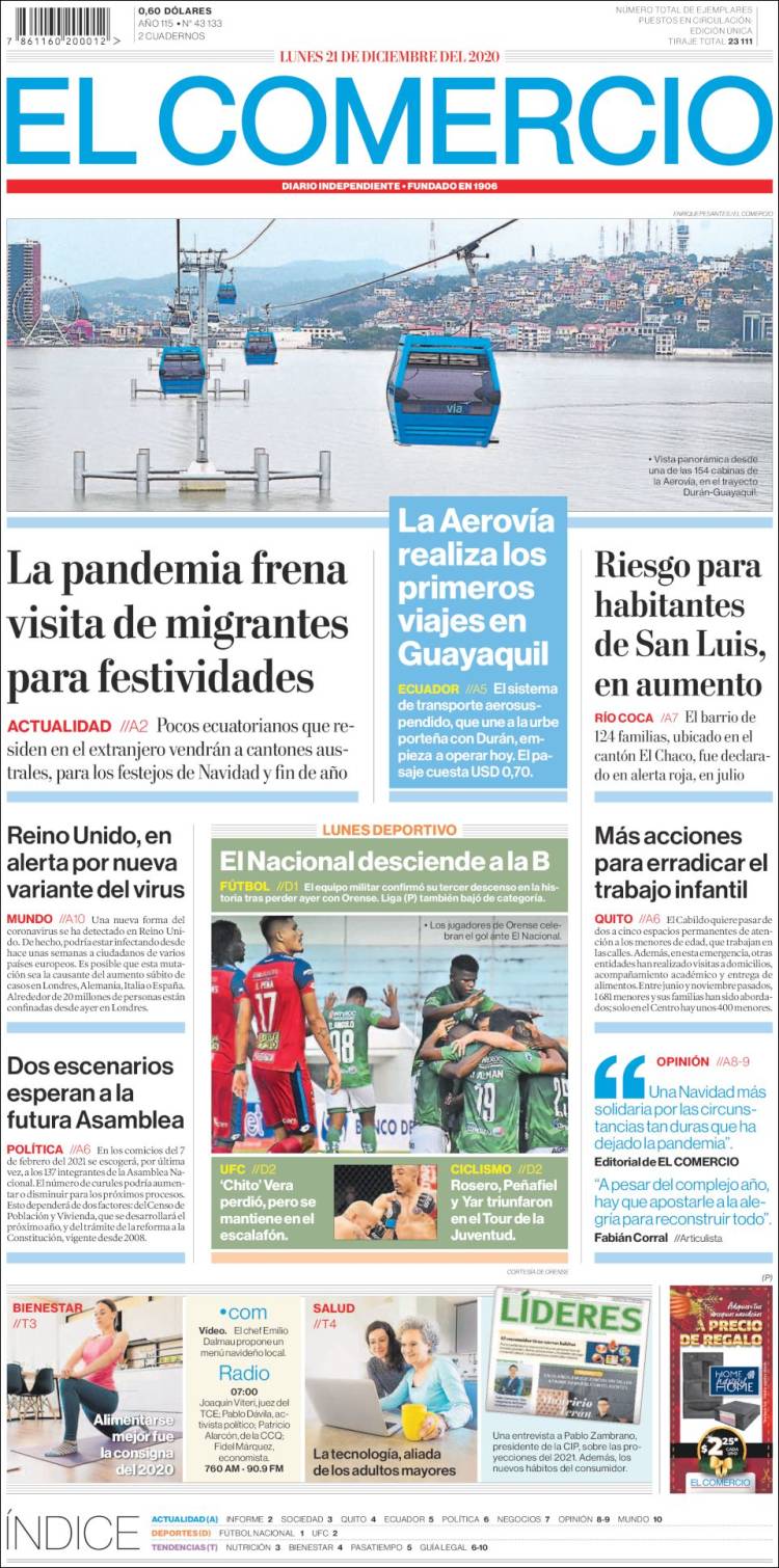 Portada de El Comercio (Ecuador)