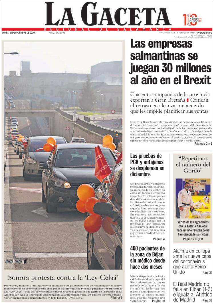 Portada de La Gaceta de Salamanca (España)