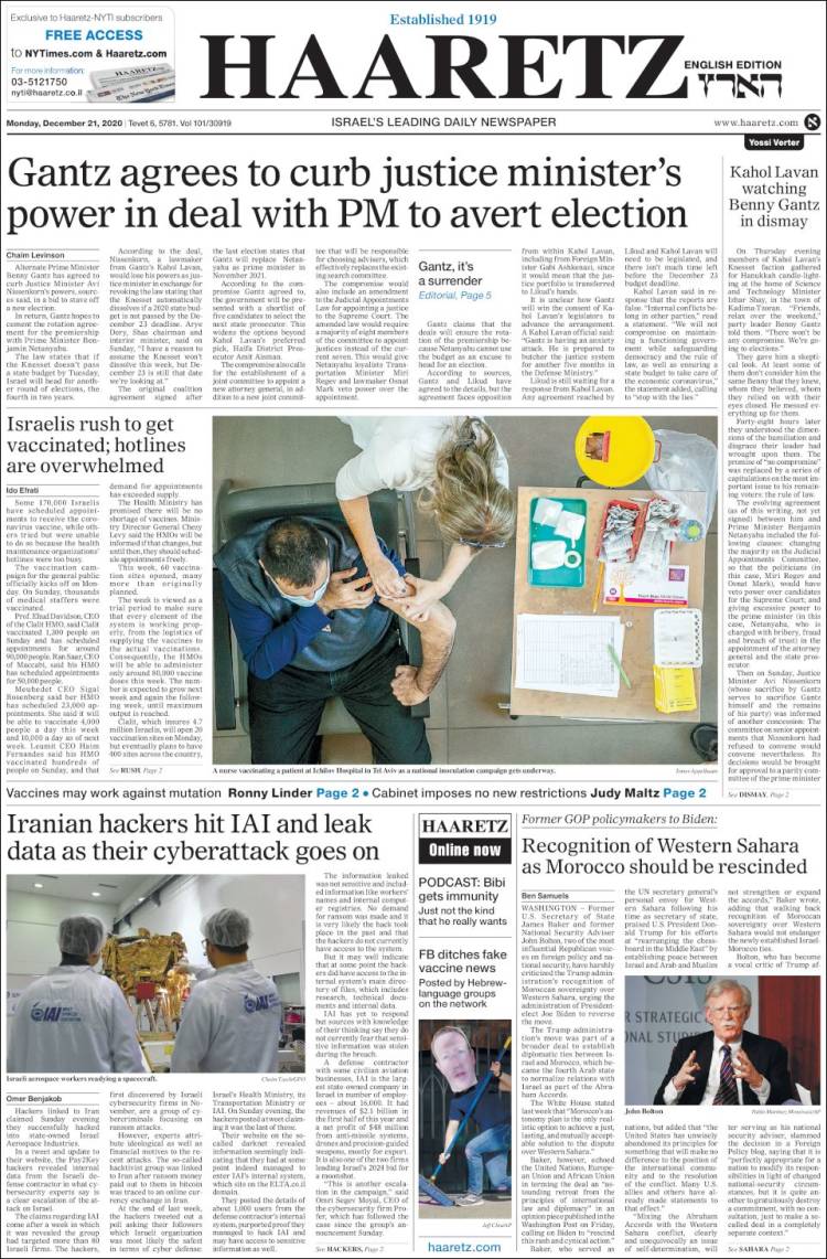 Portada de Haaretz (Israel)