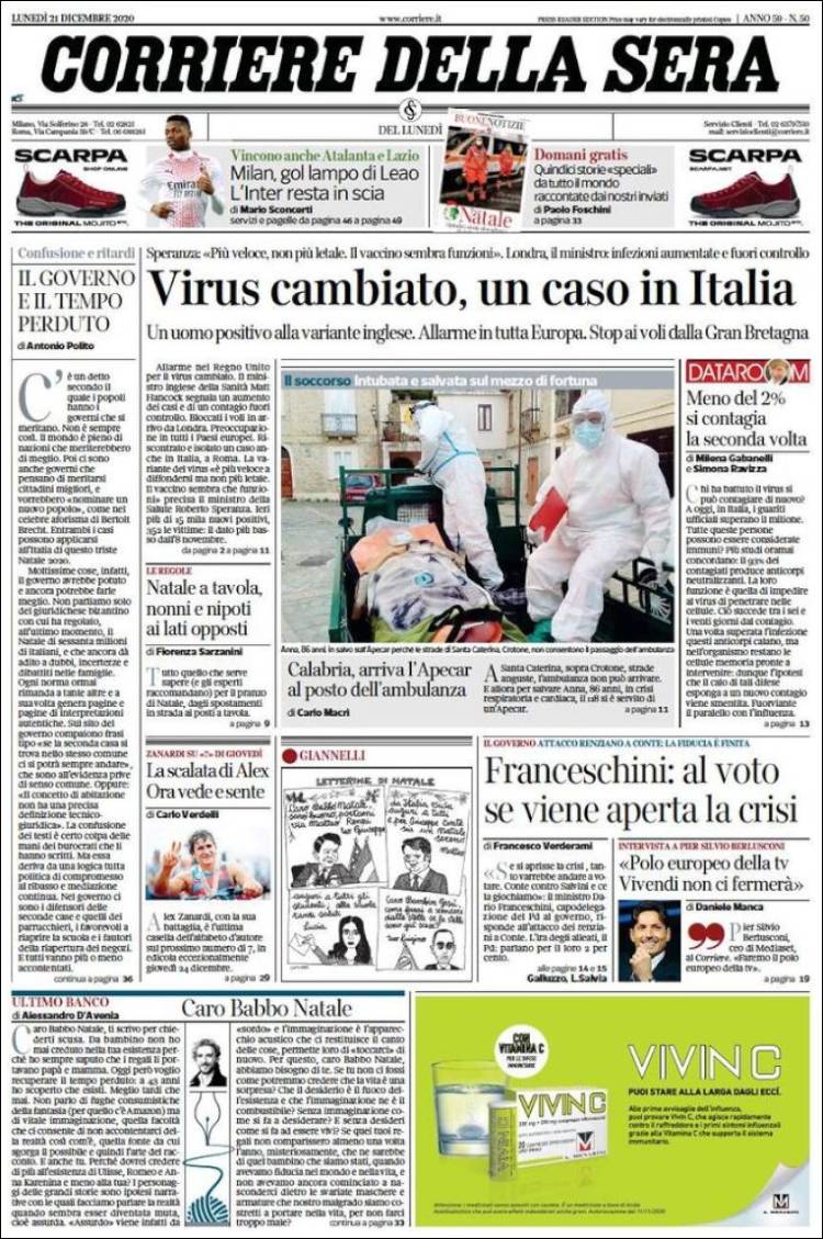 Portada de Corriere della Sera (Italia)