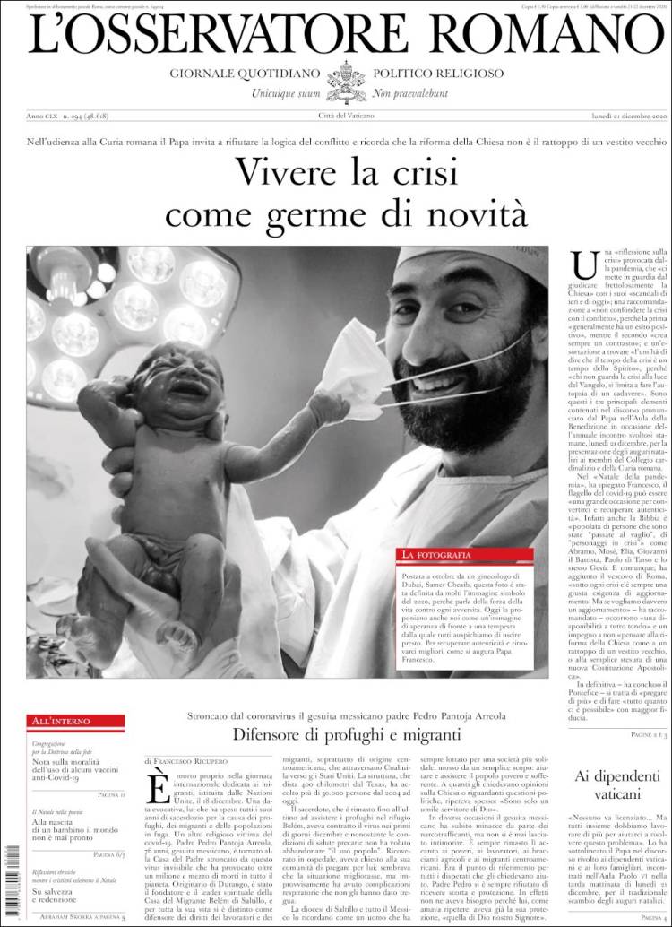 Portada de L'Osservatore Romano (Italia)
