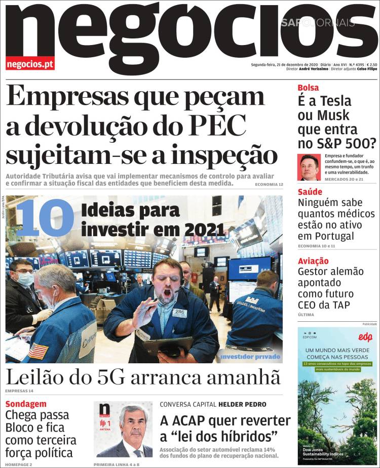 Portada de Jornal de Negócios (Portugal)
