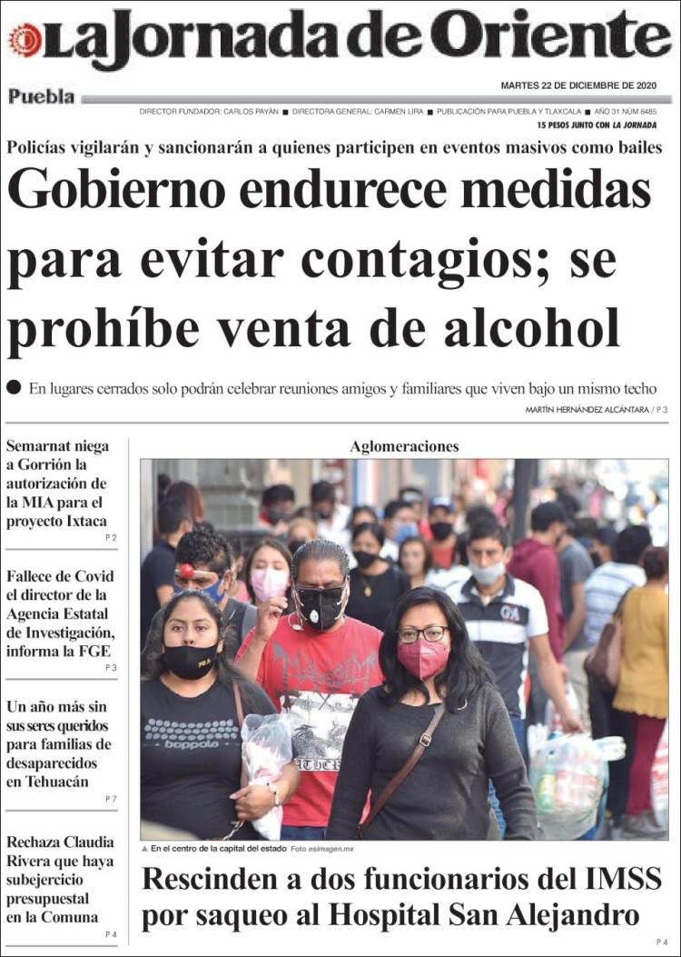 Portada de La Jornada de Oriente - Puebla (México)