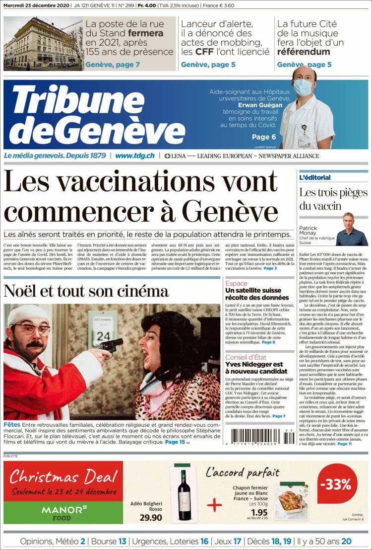 Portada de La Tribune de Genève (Suiza)