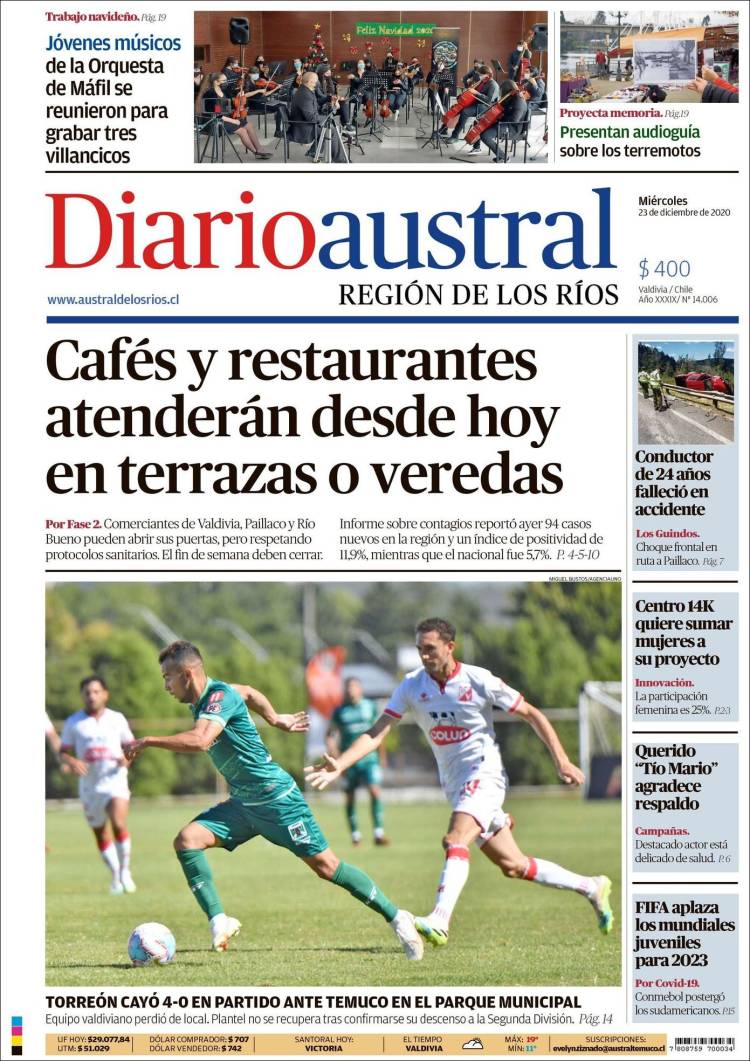 Portada de El Diario Austral de Valdivia (Chile)