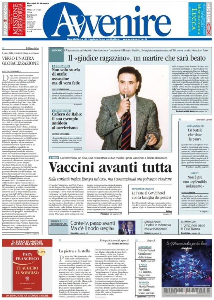 Portada de Avvenire (Italia)