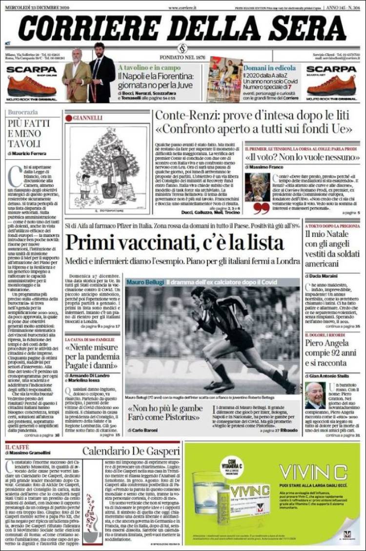 Portada de Corriere della Sera (Italia)
