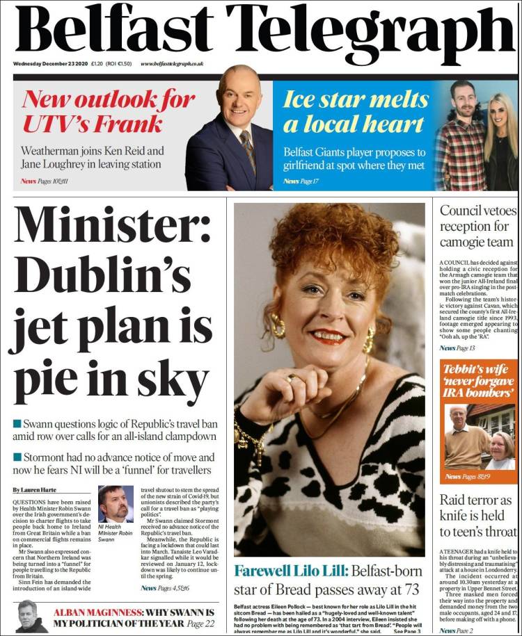 Portada de Belfast Telegraph (Reino Unido)