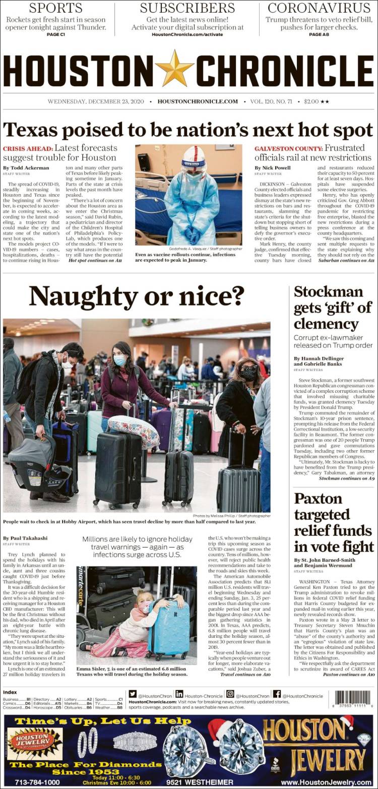 Portada de Houston Chronicle (USA)