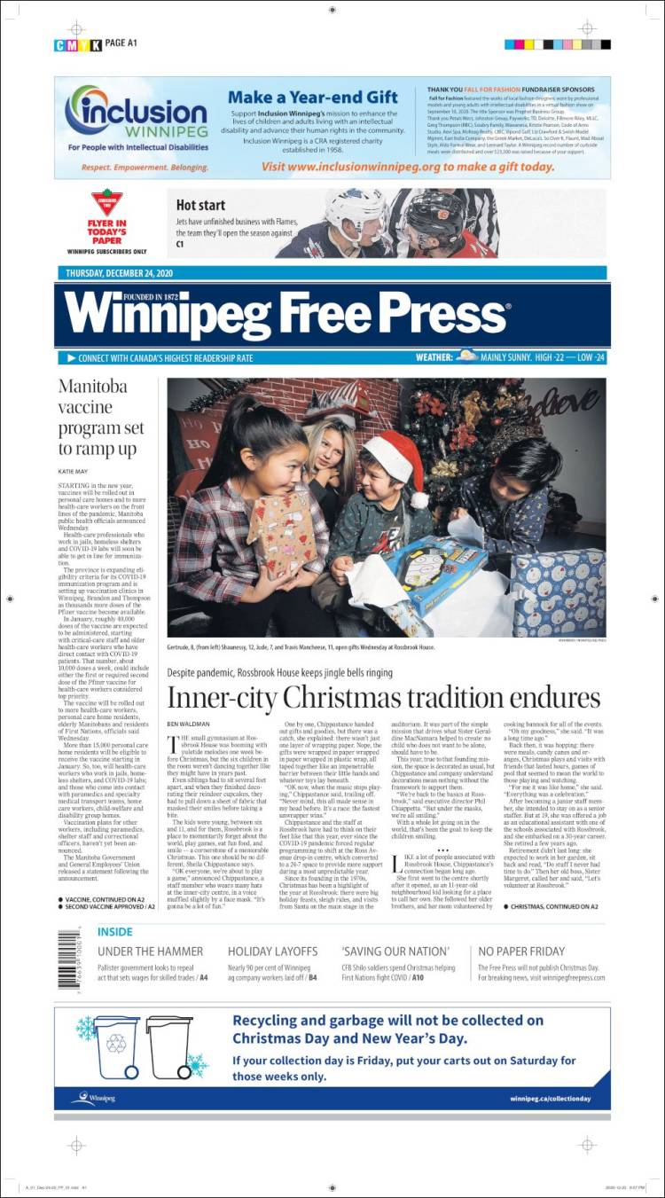 Portada de Winnipeg Free Press (Canadá)