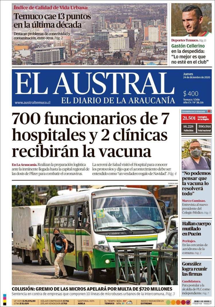 Portada de El Austral de Temuco (Chile)