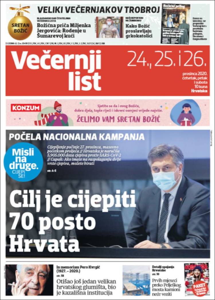 Portada de Večernji (Croacia)