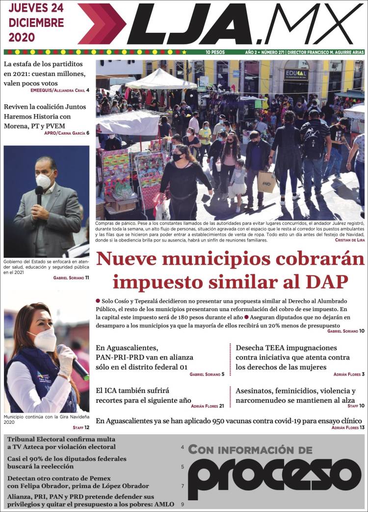 Portada de La Jornada de Aguascalientes (México)