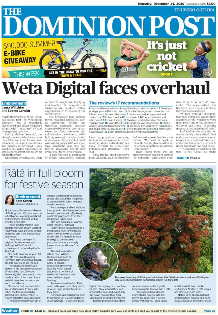 Portada de The Dominion Post (Nueva Zelanda)