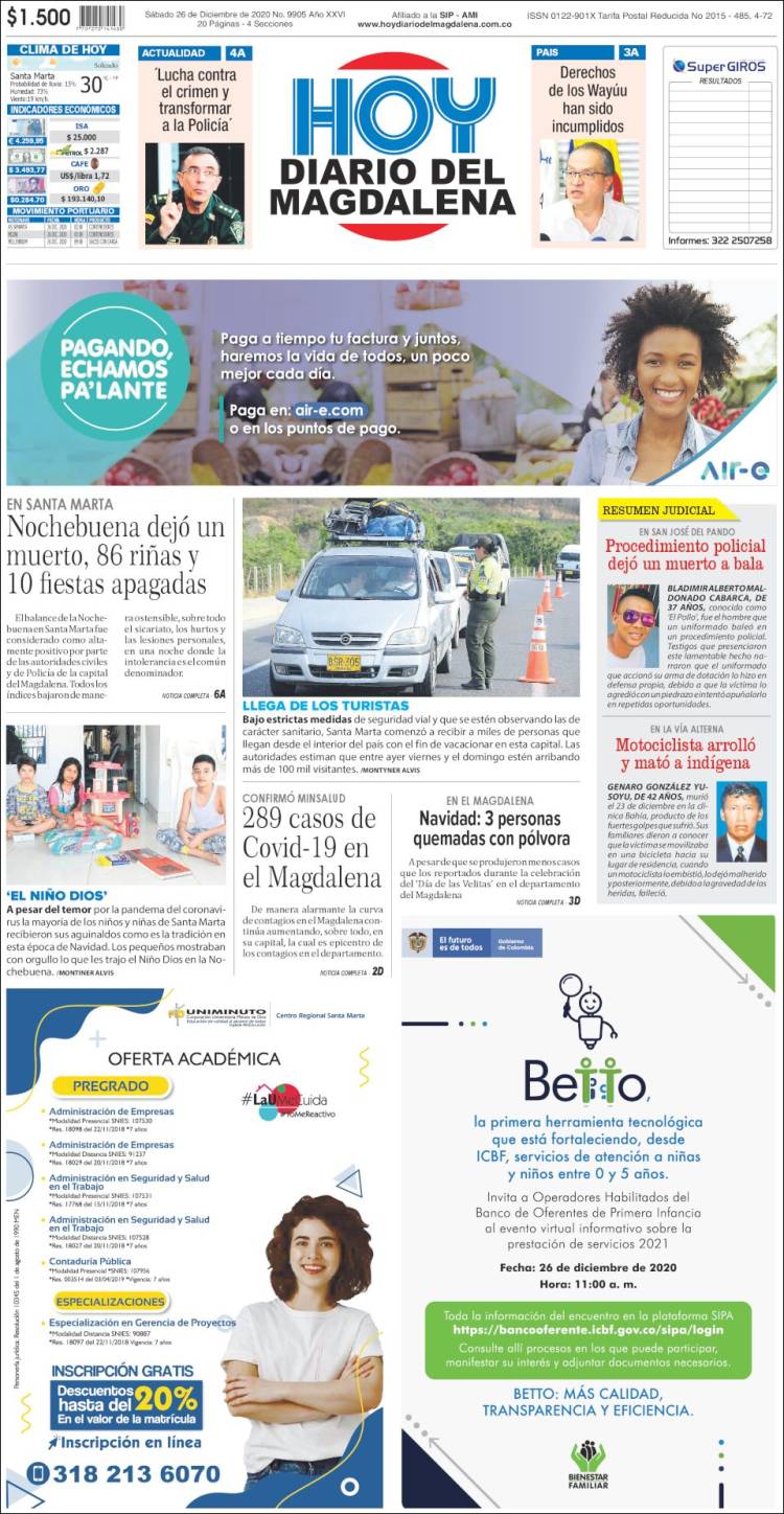 Portada de Hoy Diario del Magdalena (Colombia)