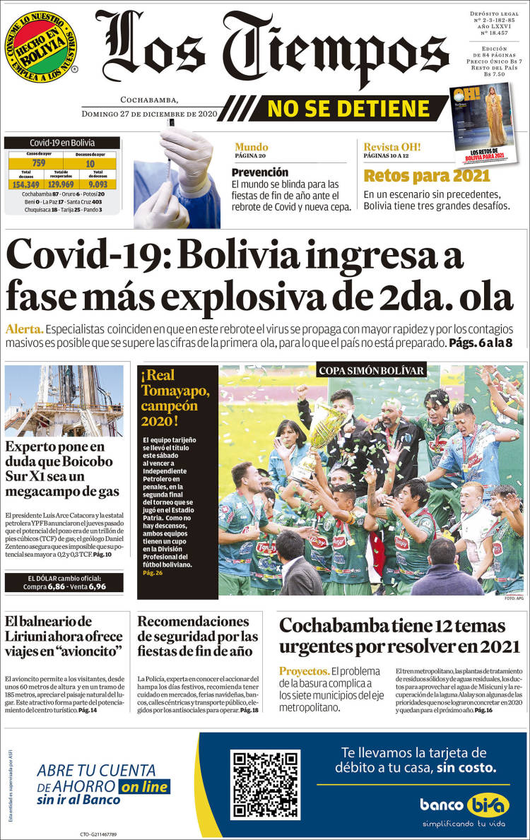 Portada de Los Tiempos (Bolivia)