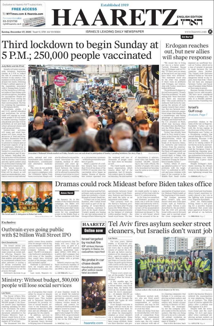 Portada de Haaretz (Israel)