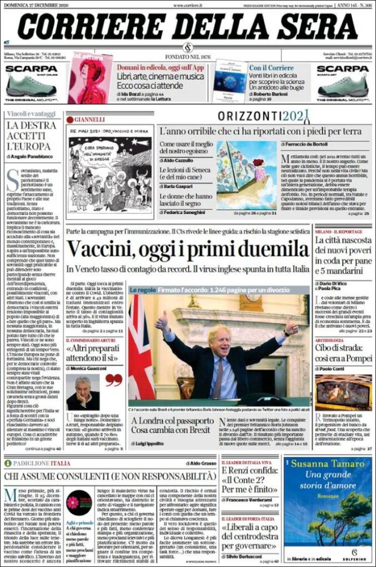Portada de Corriere della Sera (Italia)