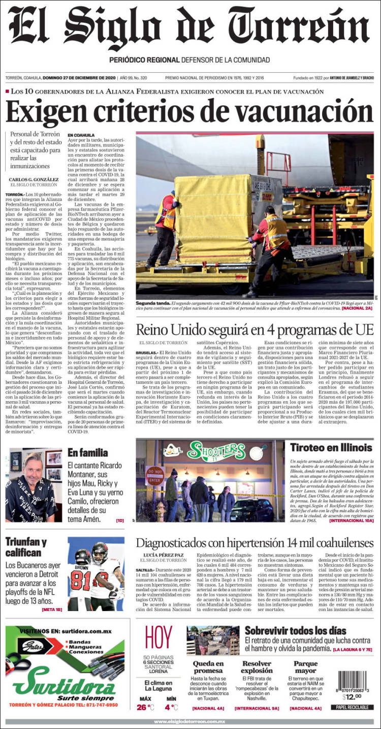 Portada de El Siglo de Torreon (M&eacute;xico)