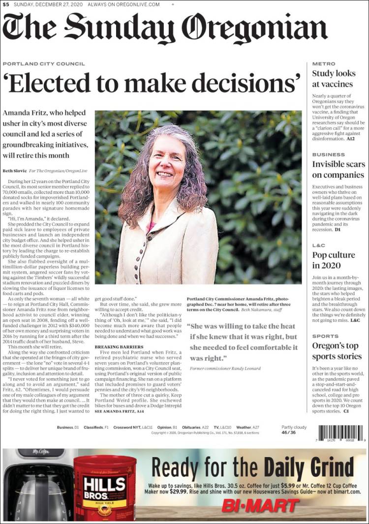 Portada de The Oregonian (USA)