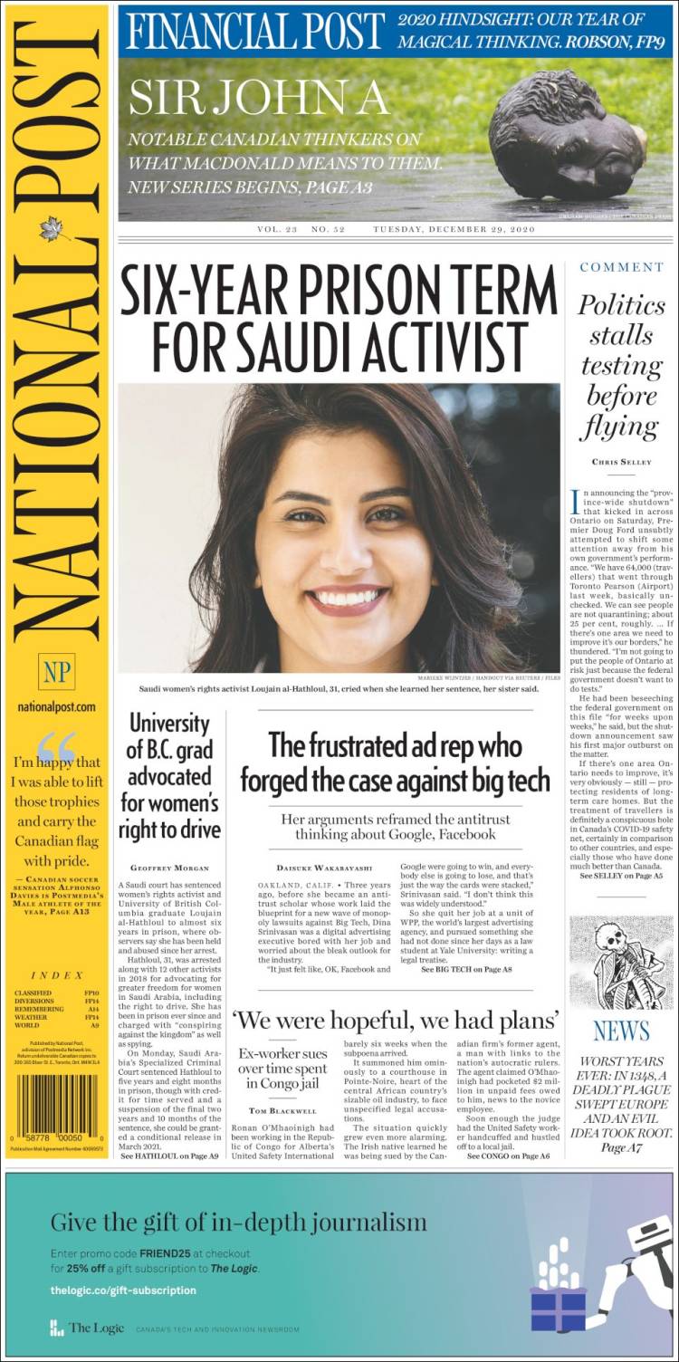 Portada de The National Post (Canadá)