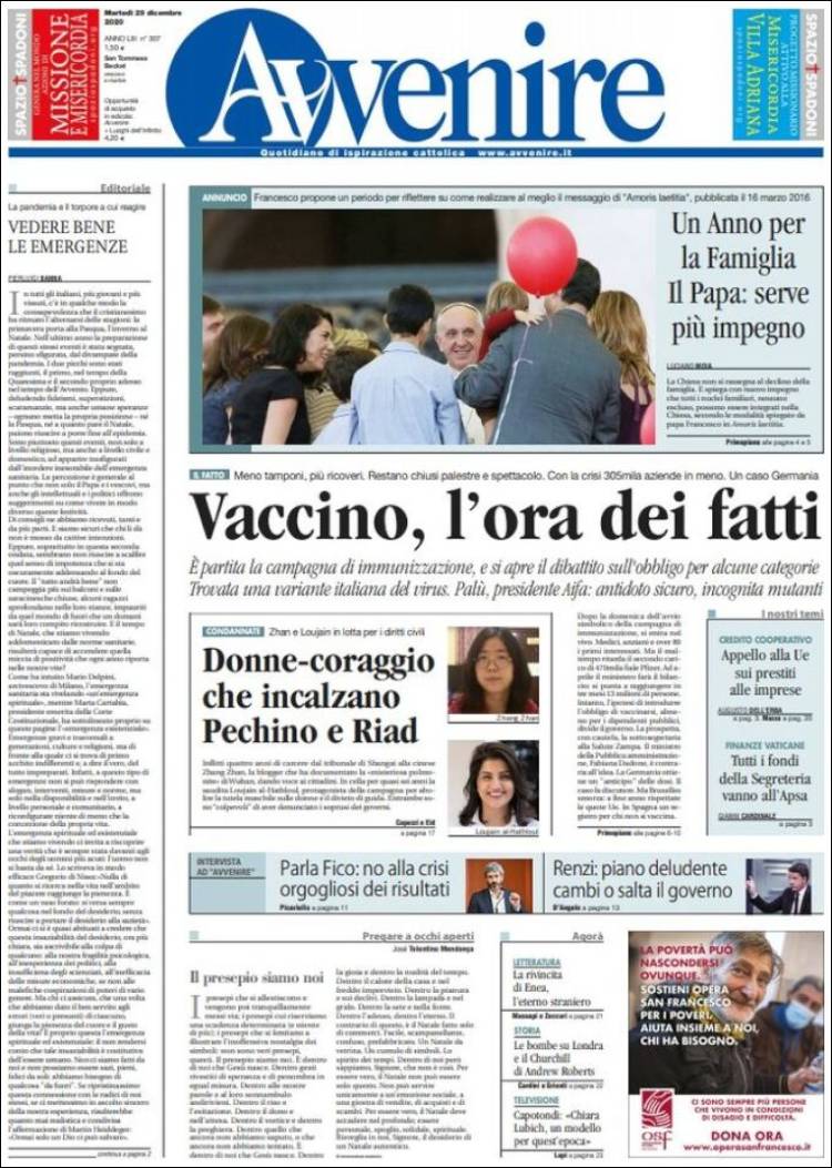 Portada de Avvenire (Italia)