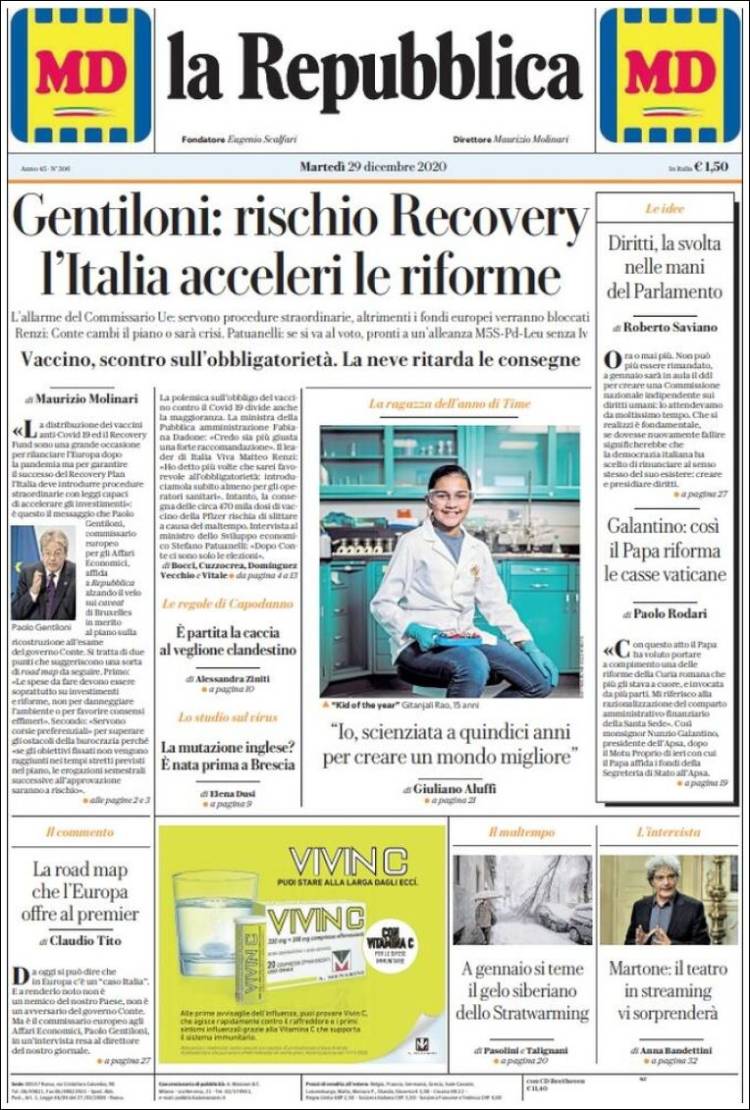 Portada de La Repubblica (Italia)