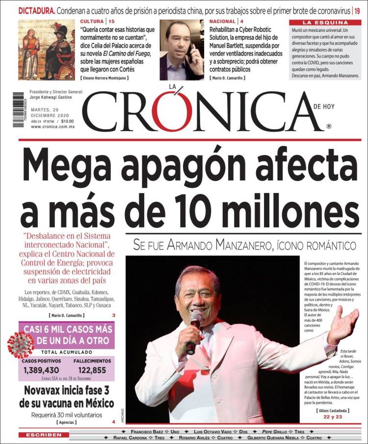 Periódico La Crónica de Hoy (México). Periódicos de México. Edición de  martes, 29 de diciembre de 2020. 
