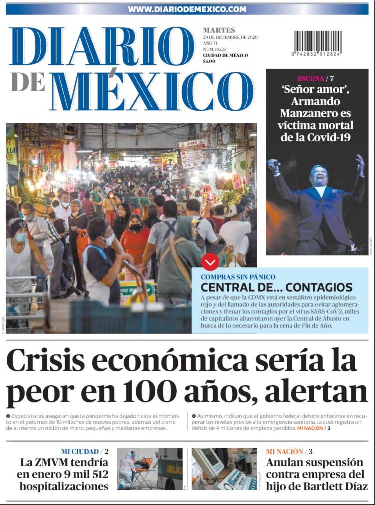 Periódico Diario de México (México). Periódicos de México. Edición de  martes, 29 de diciembre de 2020. 