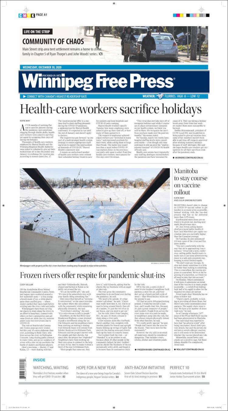 Portada de Winnipeg Free Press (Canadá)