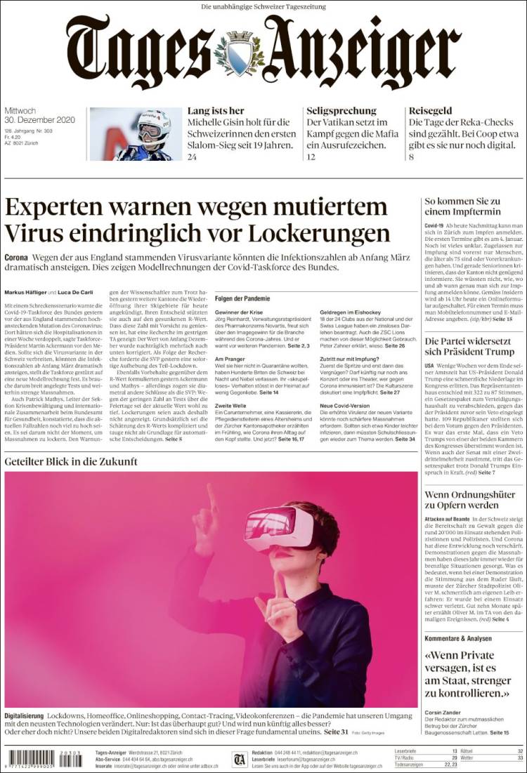 Portada de Tages-Anzeiger (Suiza)
