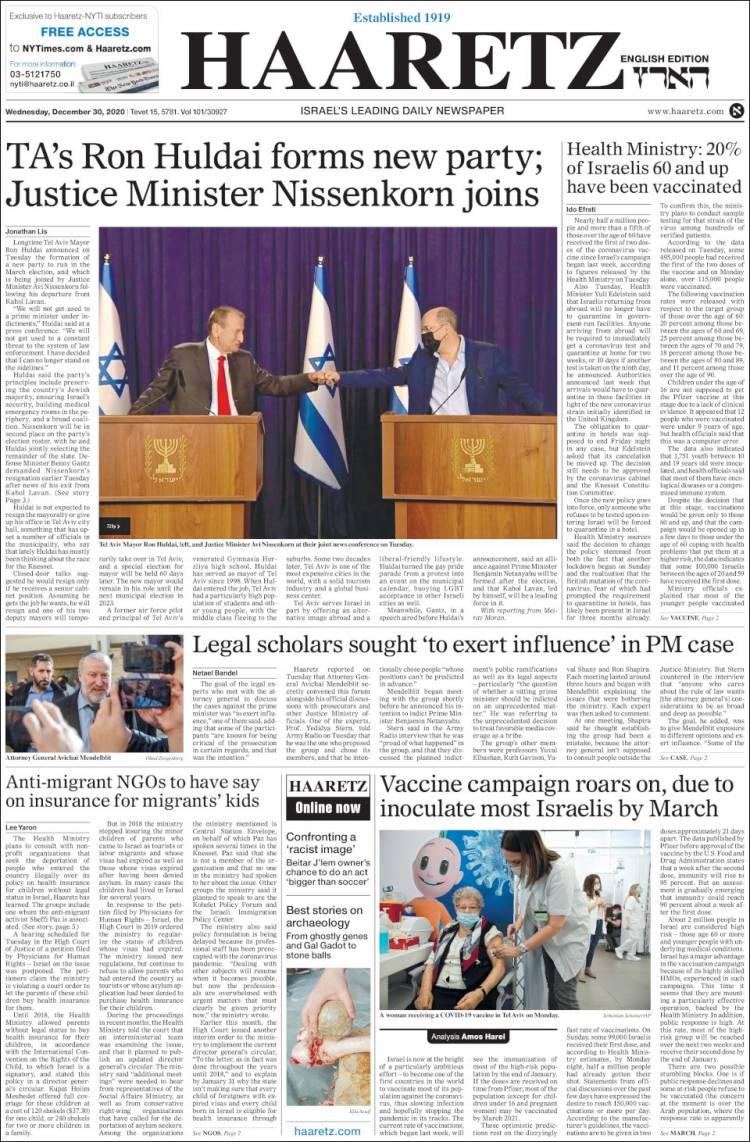 Portada de Haaretz (Israel)