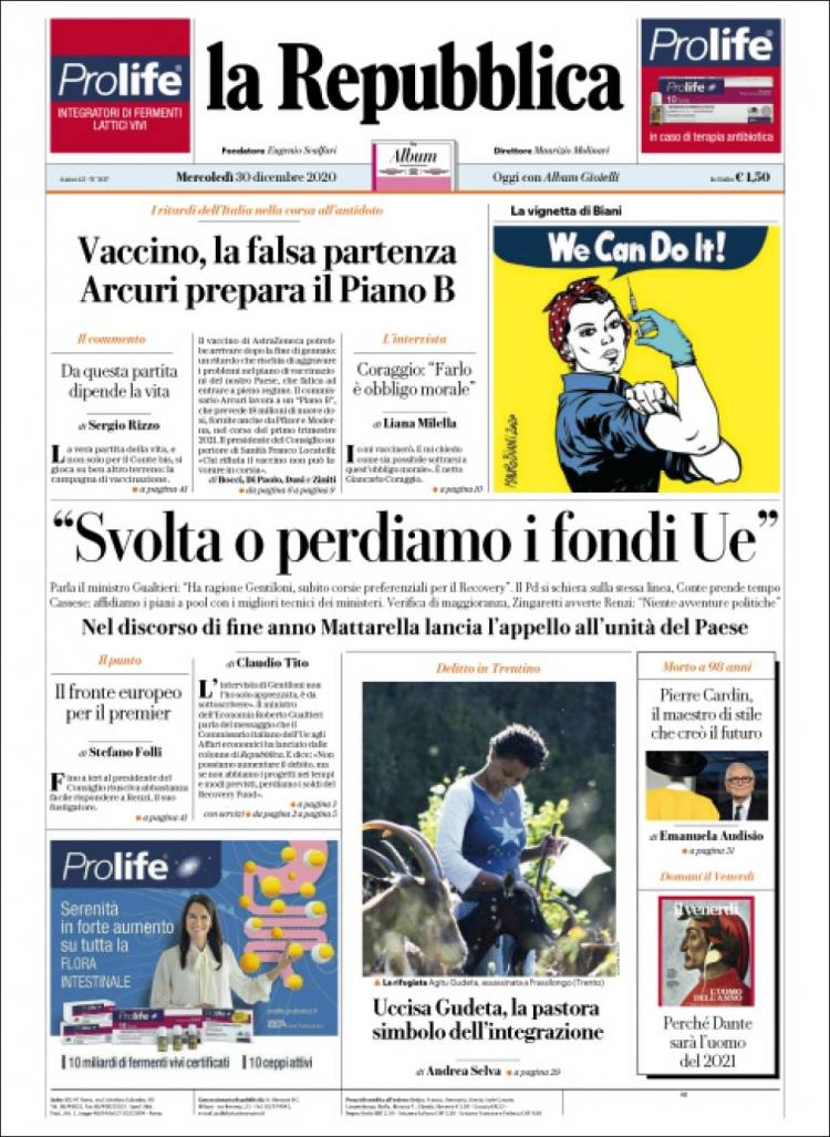 Portada de La Repubblica (Italia)